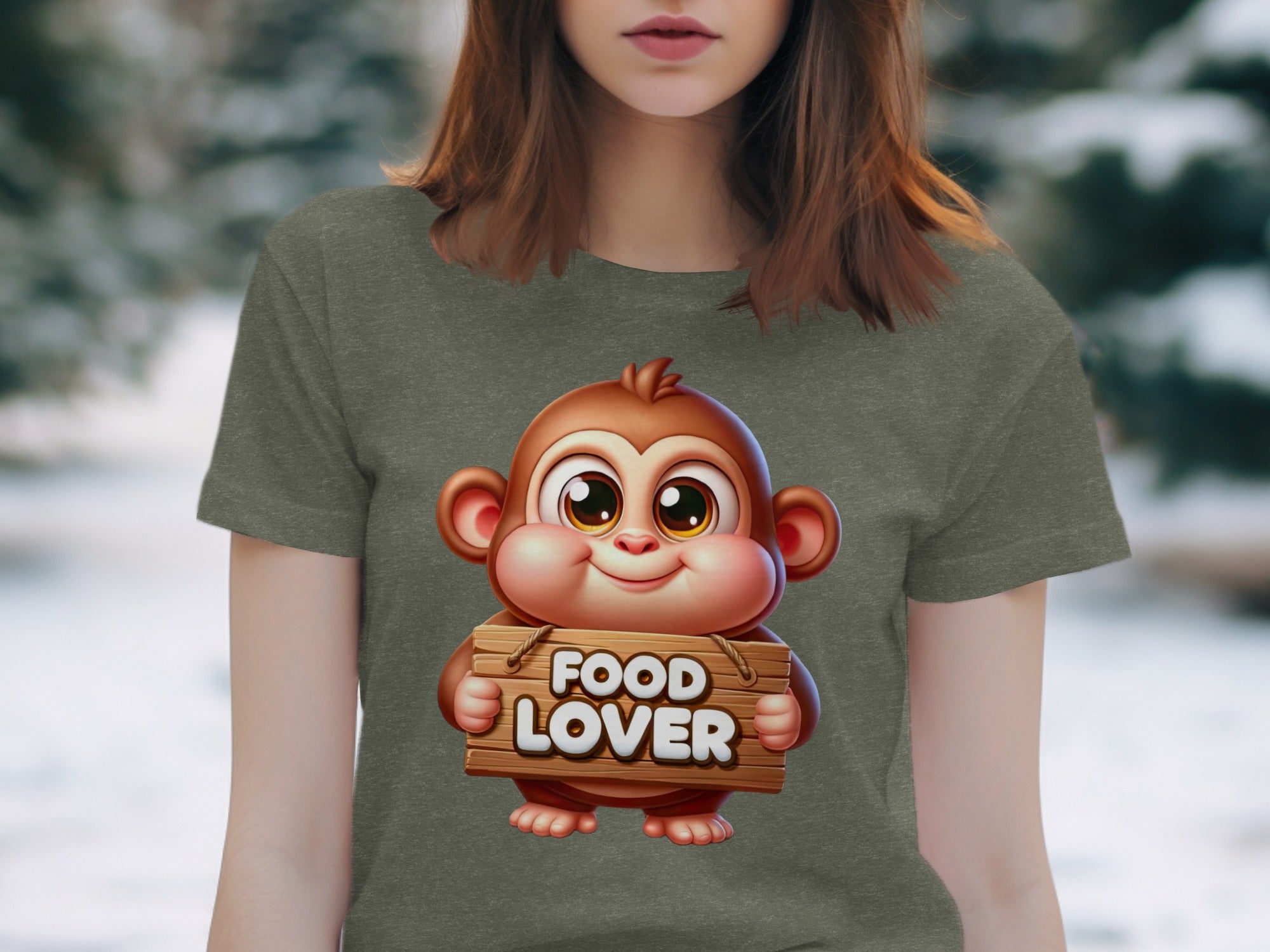 Cartoon monkey holding a wooden sign that says "FOOD LOVER".