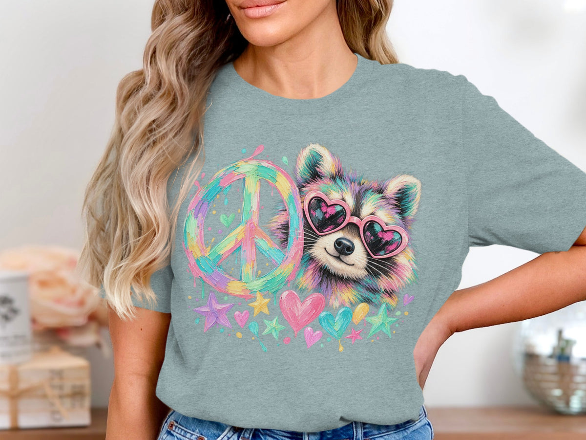 Colorful raccoon wearing heart sunglasses next to peace sign and hearts graphic.