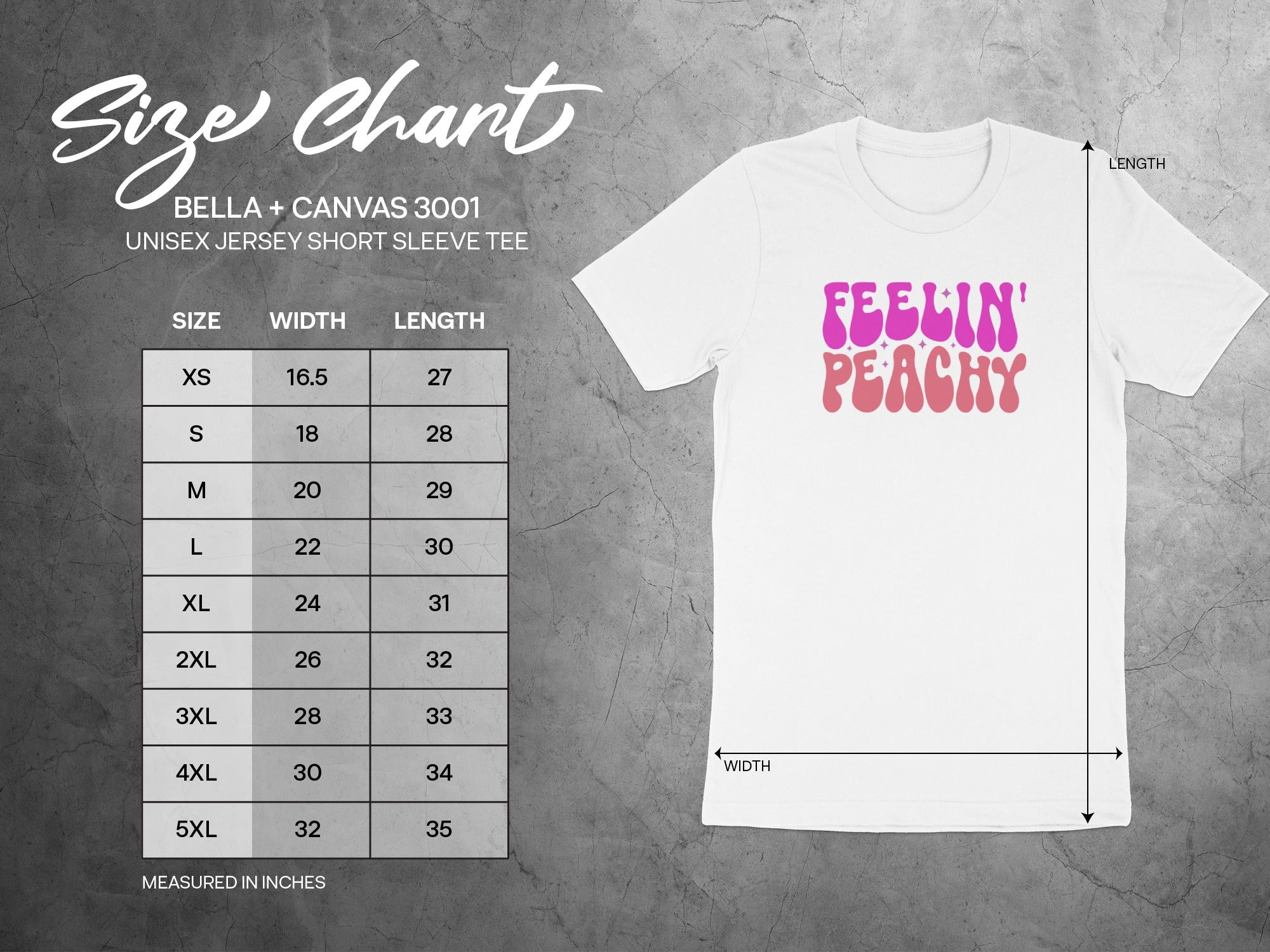 Bella + Canvas 3001 size chart for unisex short sleeve tee.