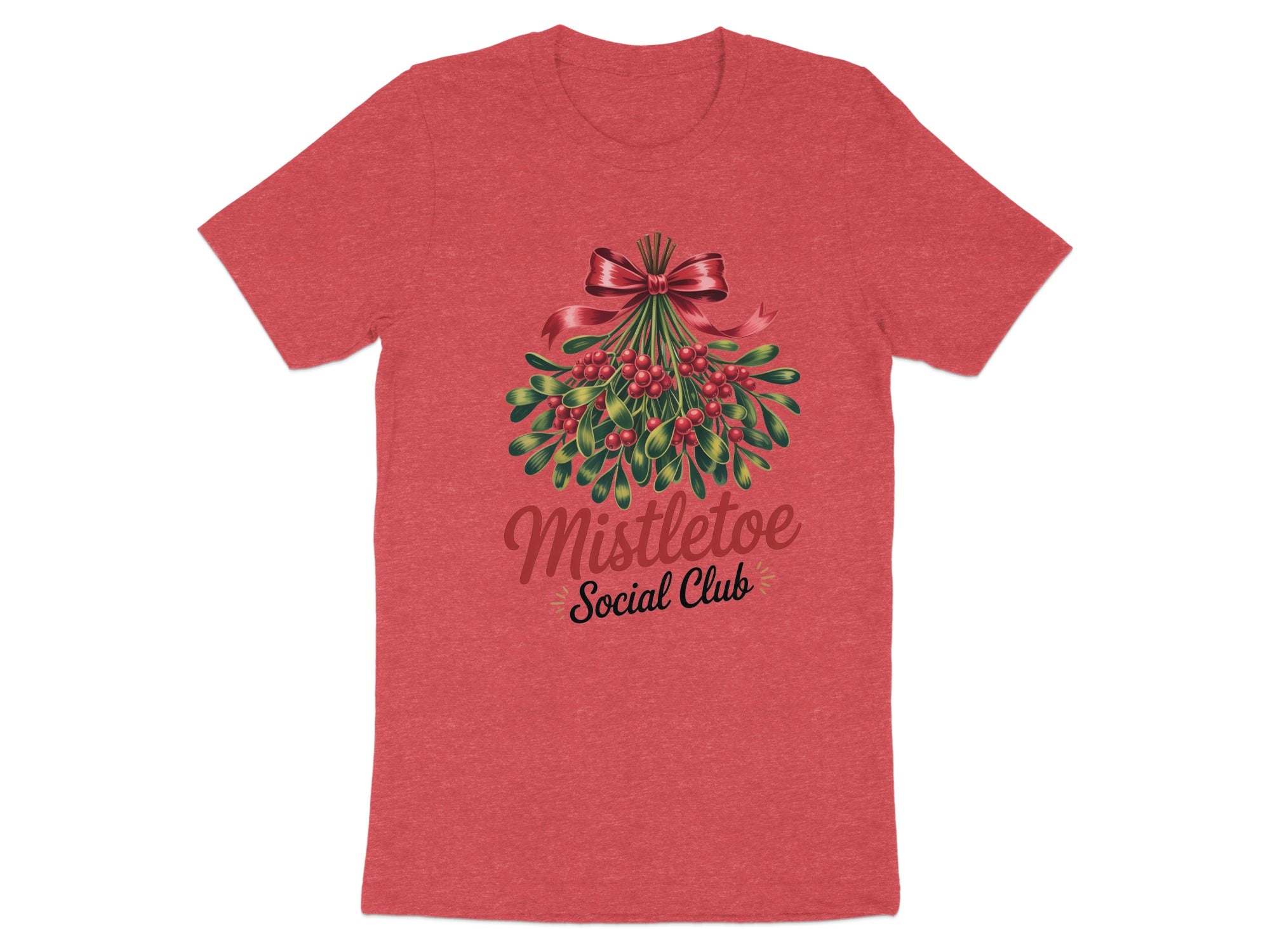 Red t-shirt with a mistletoe bouquet and text that reads "Mistletoe Social Club".