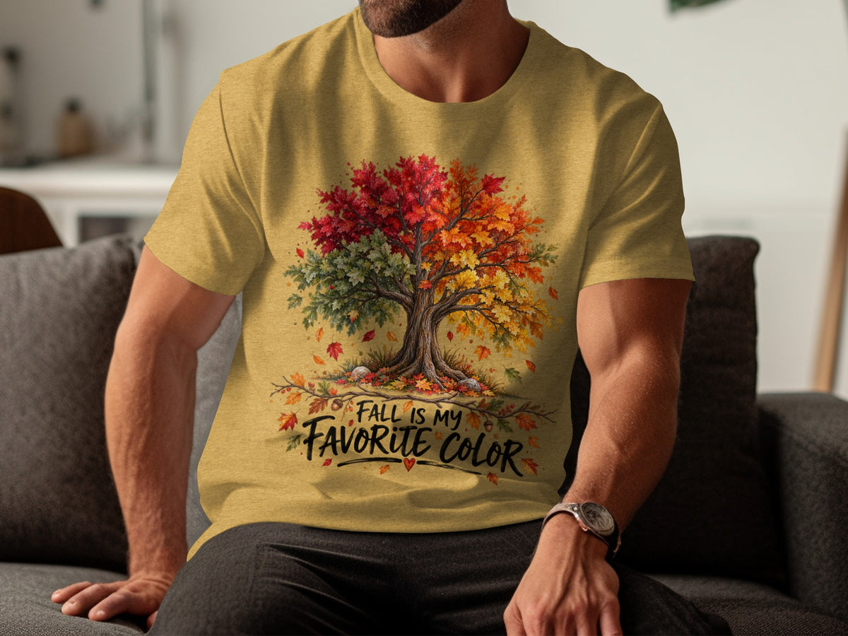 Yellow t-shirt with a colorful fall tree and the text "Fall is my favorite color".