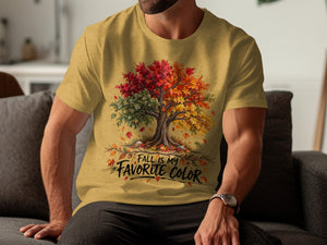 Yellow t-shirt with a colorful fall tree and the text "Fall is my favorite color".
