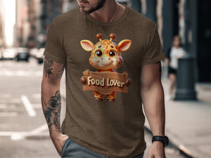 Cute giraffe graphic with "Food Lover" text on a brown t-shirt.
