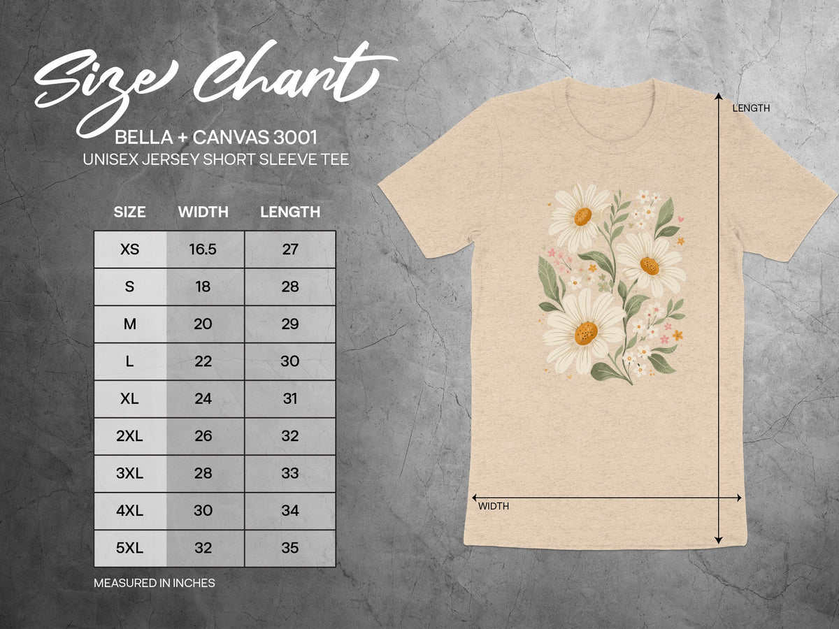 Bella + Canvas 3001 unisex tee size chart with width and length measurements in inches.