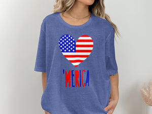Blue t-shirt with American flag heart and "MERICA" text graphic.