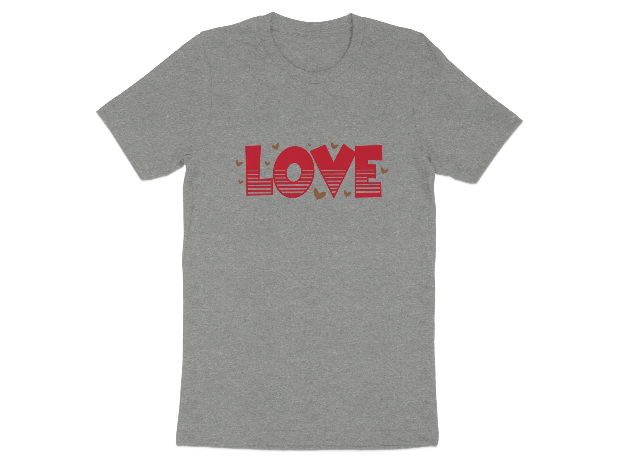 Grey t-shirt with red "LOVE" text and small gold hearts.
