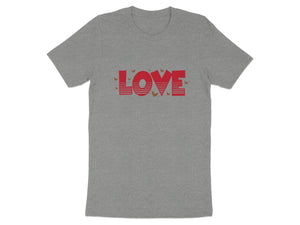 Grey t-shirt with red "LOVE" text and small gold hearts.