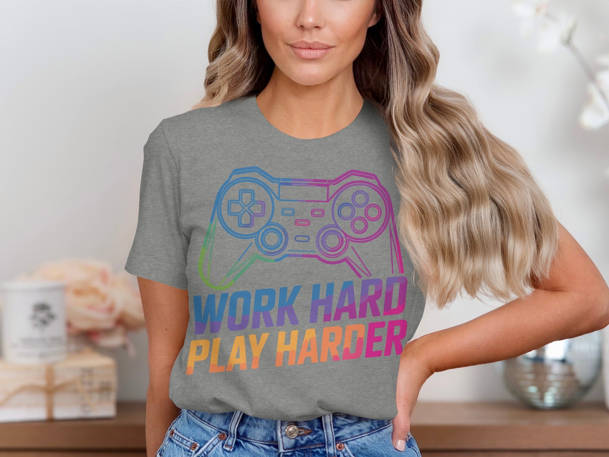 Grey t-shirt with controller graphic, text "WORK HARD PLAY HARDER".