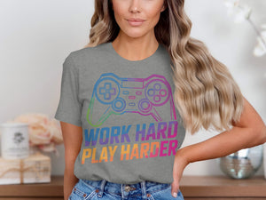 Grey t-shirt with controller graphic, text "WORK HARD PLAY HARDER".