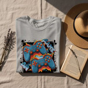 Gray t-shirt with comic book style graphic of two game controllers and the word "GAME".