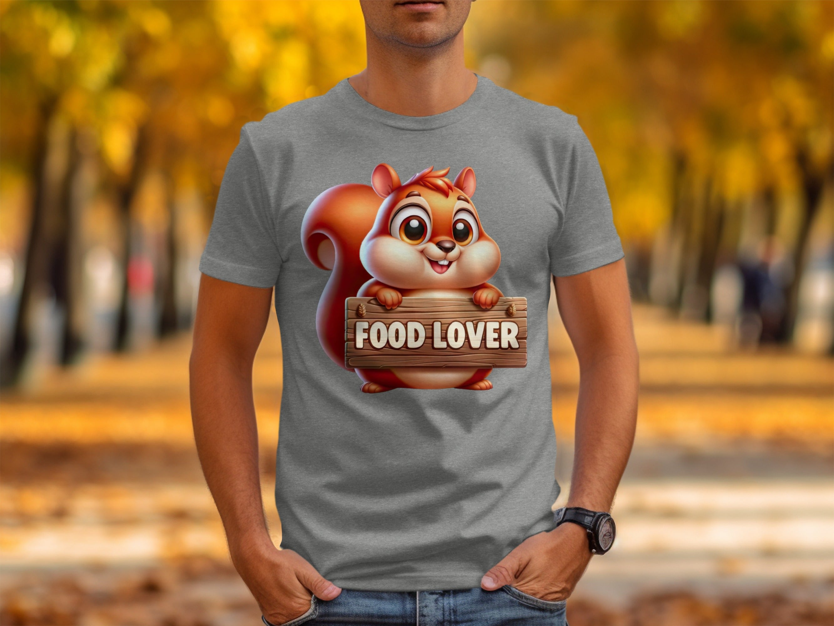 Cartoon squirrel holding wooden sign that says FOOD LOVER.