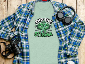 Light green t-shirt with green ribbon and text "END THE STIGMA".