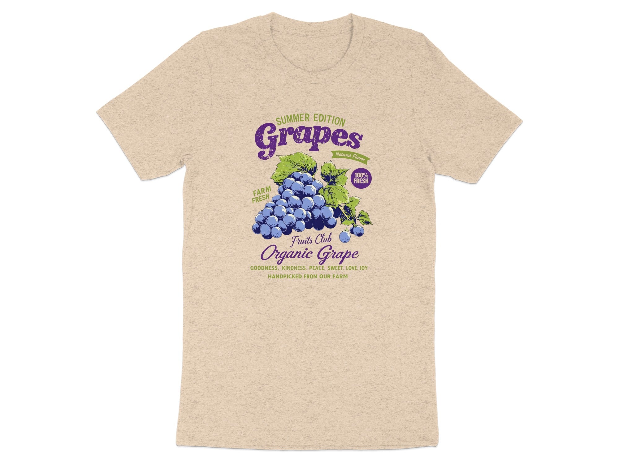 T-shirt with "Organic Grape" design featuring grapes, leaves, and farm fresh text.