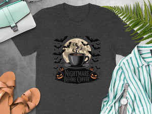 Dark gray t-shirt with a Halloween graphic: coffee cup, moon, bats, pumpkins, and text.