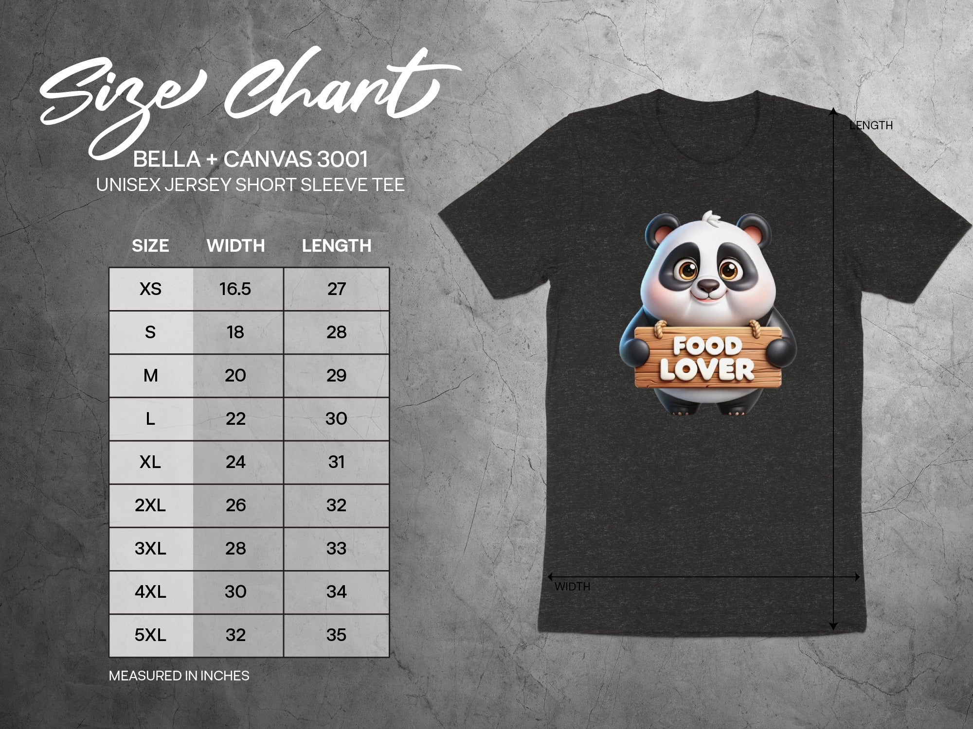 Size chart for Bella + Canvas 3001 unisex jersey tee with panda graphic.
