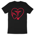 Black t-shirt with a red heart outline containing a stethoscope and caduceus.