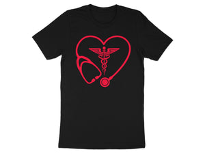 Black t-shirt with a red heart outline containing a stethoscope and caduceus.