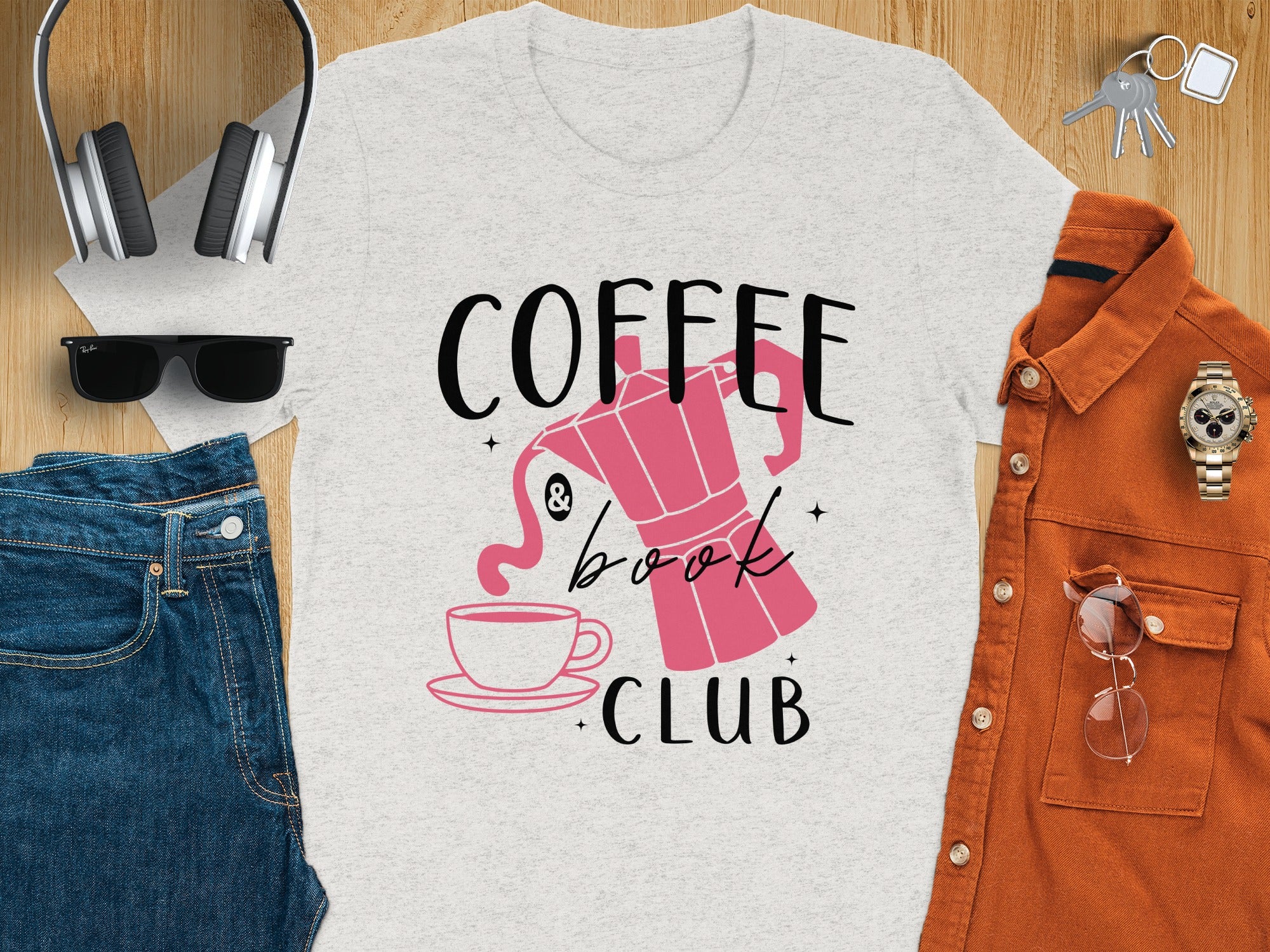 Grey t-shirt with pink coffee pot, cup, and text "Coffee & book CLUB".