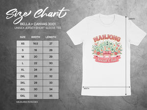 BELLA + CANVAS 3001 size chart showing unisex jersey short sleeve tee measurements in inches.