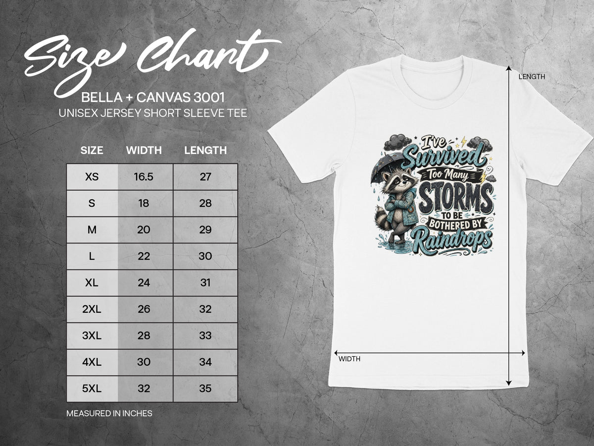 Bella + Canvas 3001 size chart with raccoon graphic and text "I've Survived Too Many Storms to be Bothered by Raindrops".
