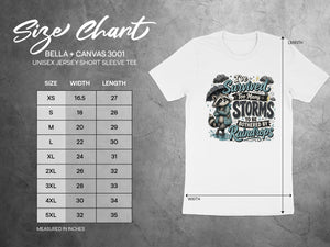 Bella + Canvas 3001 size chart with raccoon graphic and text "I've Survived Too Many Storms to be Bothered by Raindrops".