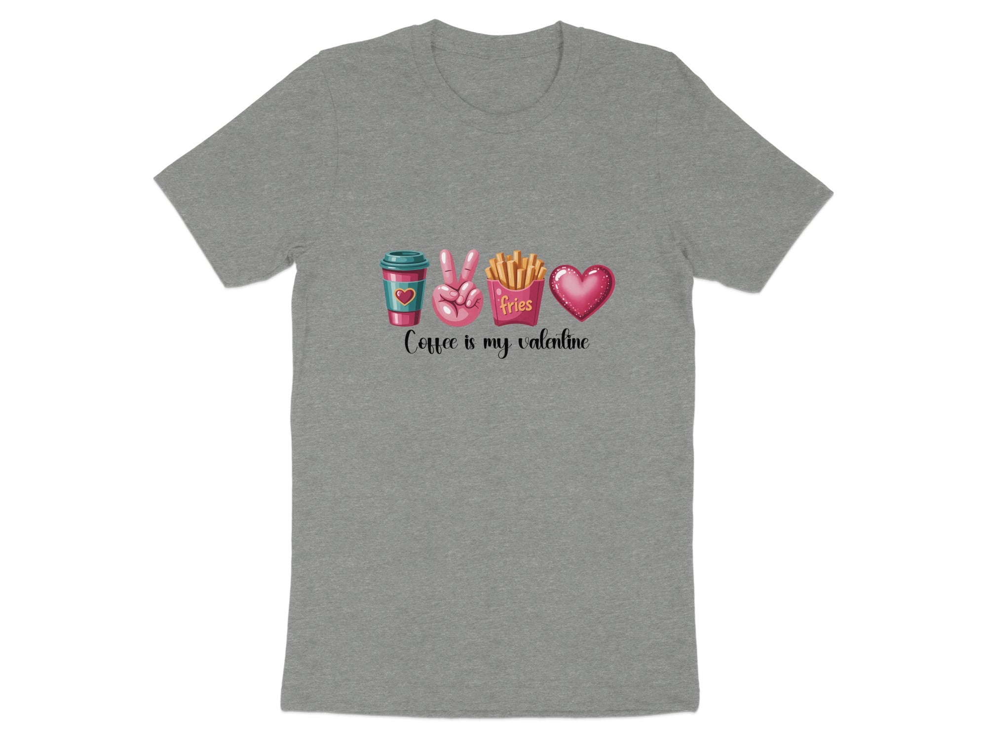 Grey t-shirt with coffee cup, peace sign, fries, and heart graphic. "Coffee is my valentine" text.
