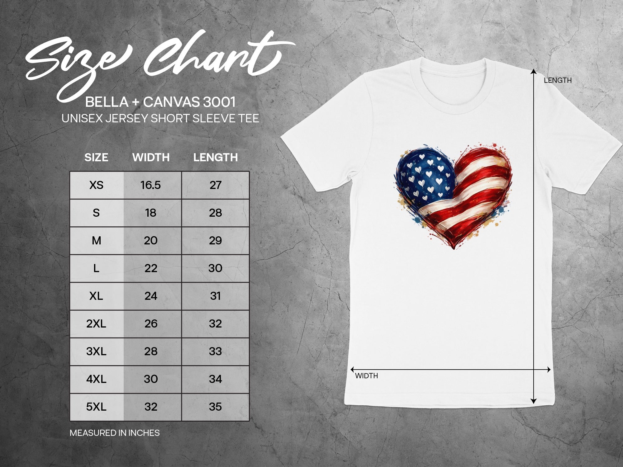 Bella + Canvas 3001 size chart for unisex short sleeve tee with width and length measurements.