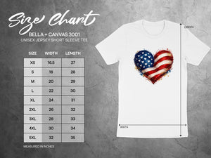 Bella + Canvas 3001 size chart for unisex short sleeve tee with width and length measurements.