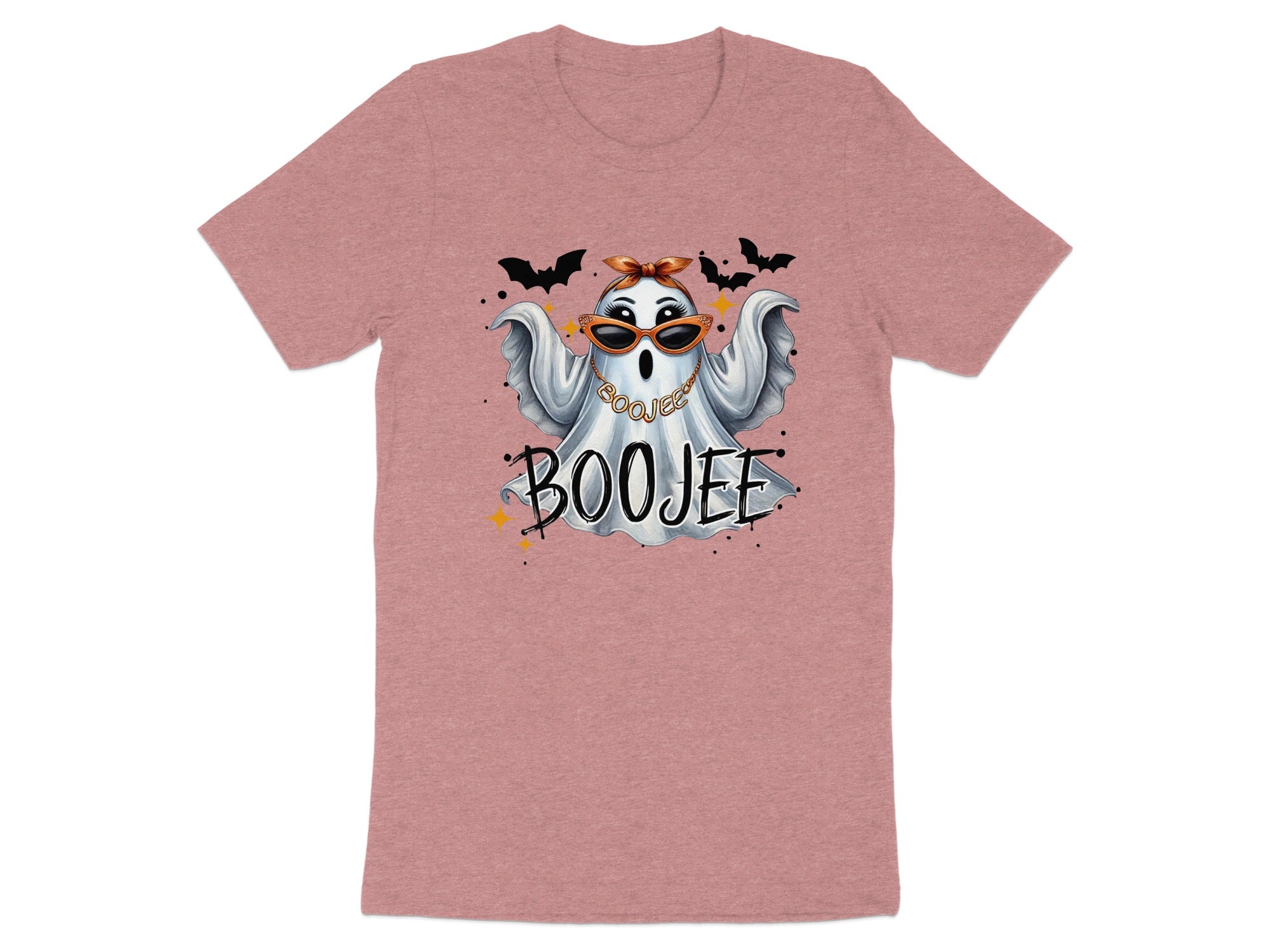 Ghost with sunglasses and "Boojee" text, bats, and stars.