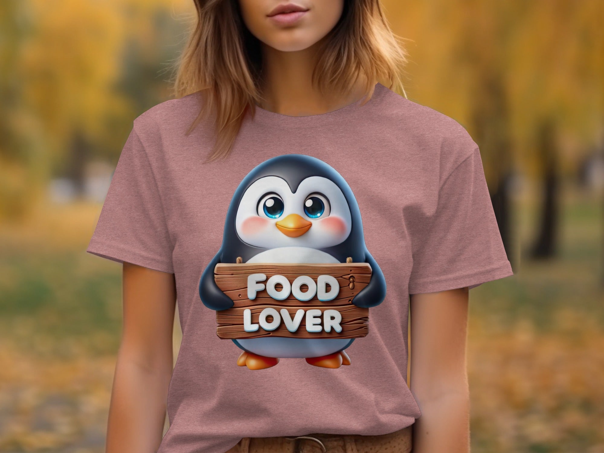 Cartoon penguin holding a wooden sign that says "FOOD LOVER".