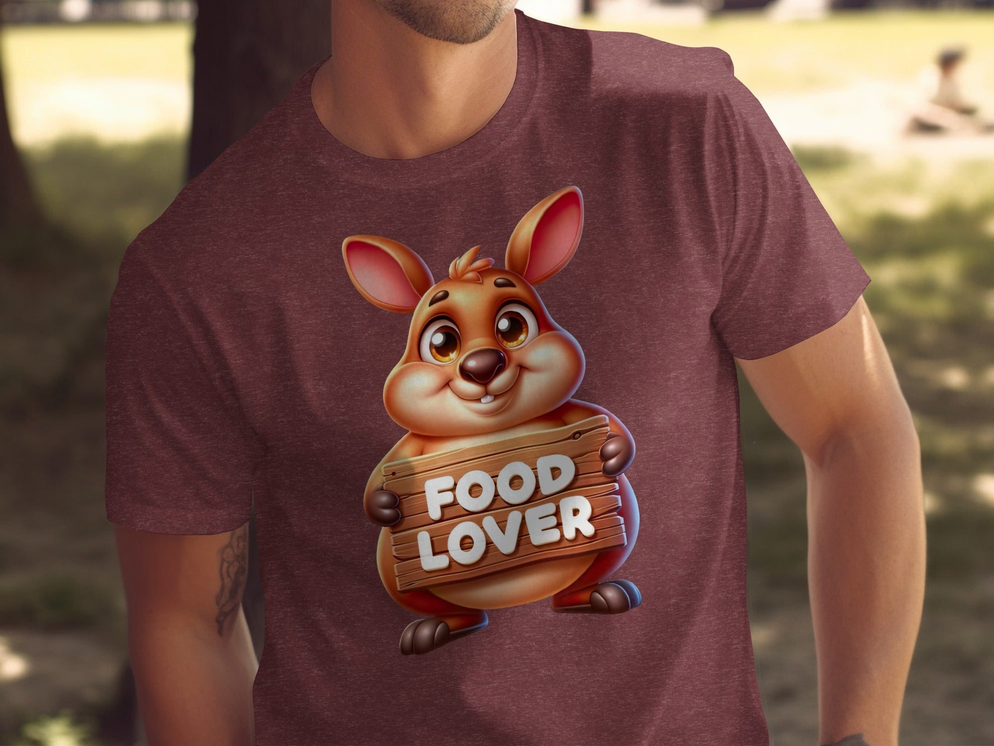 Cartoon character holding a wooden sign that says "FOOD LOVER".