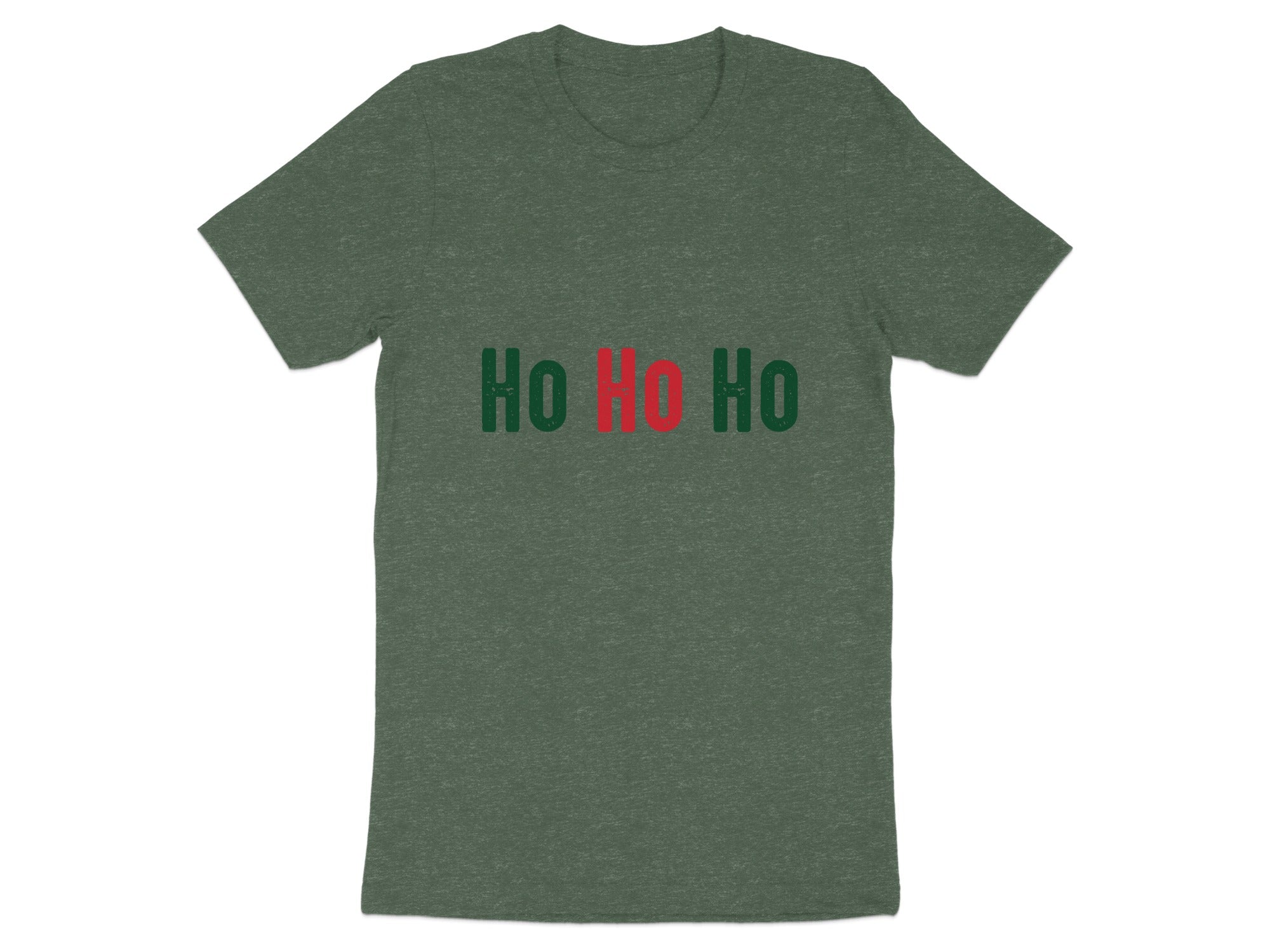 Dark green t-shirt with red and green "Ho Ho Ho" text.