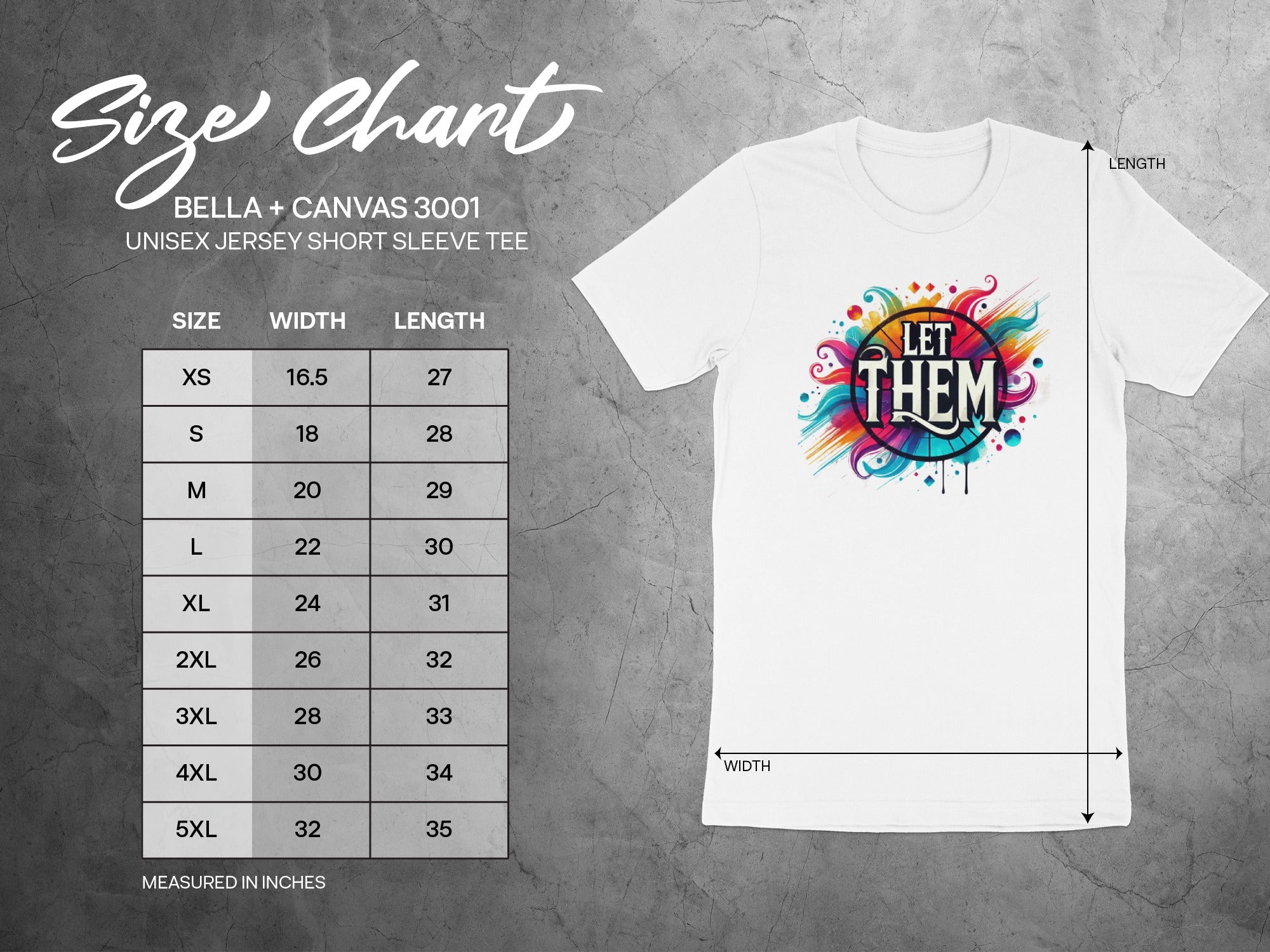 Size chart for Bella + Canvas 3001 unisex tee with width and length measurements.