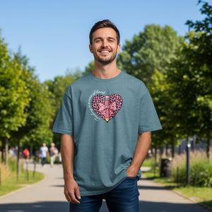 T-shirt with leopard print heart, pencil, bow, and text "Teaching is a work of heart".