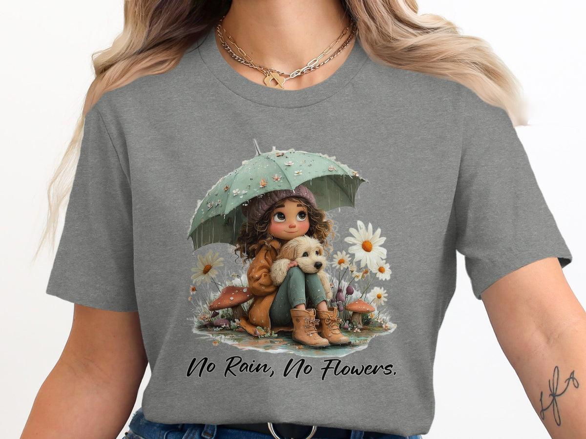 Girl with dog under umbrella, with text "No Rain, No Flowers."