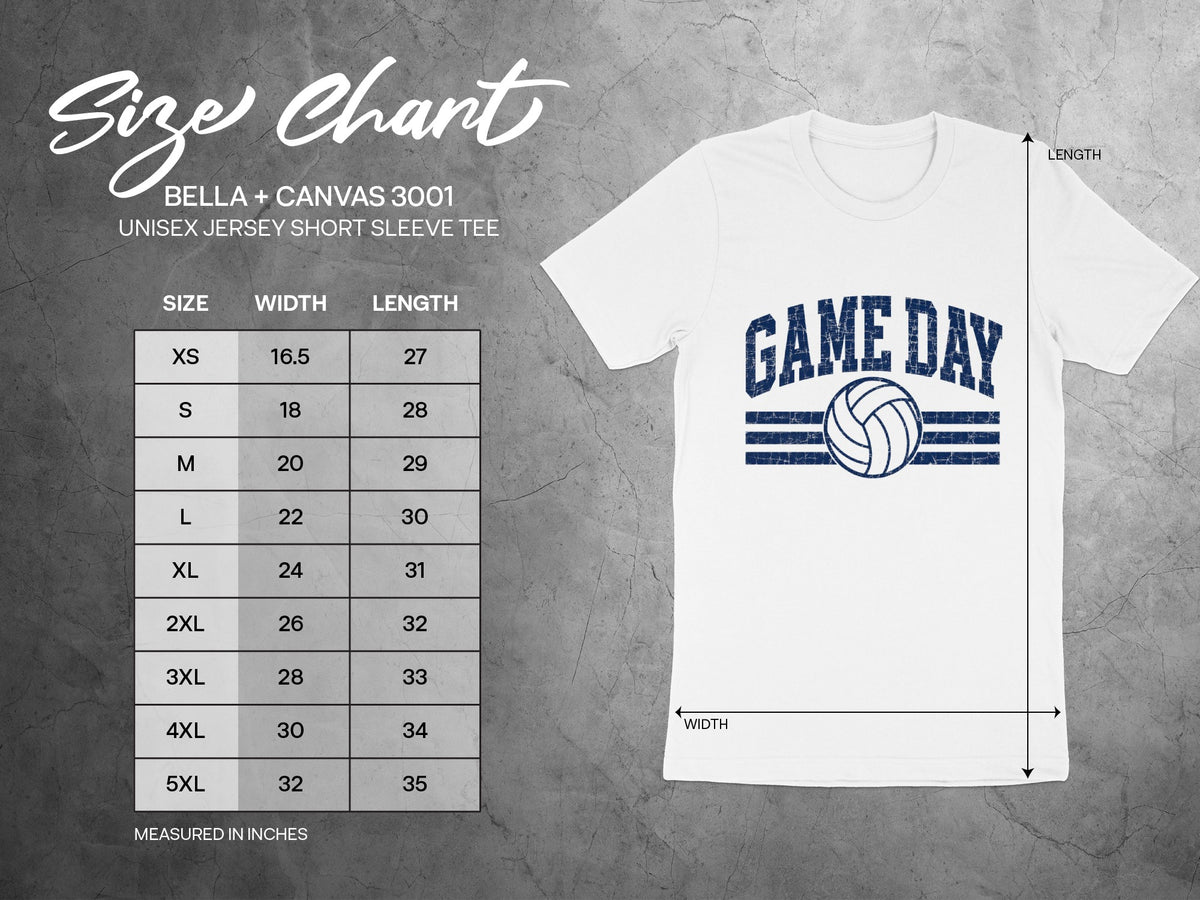 Bella + Canvas 3001 unisex tee size chart with "Game Day" volleyball graphic.