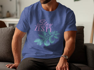 Blue t-shirt with "Stay ZESTY" text and a lemon branch graphic.