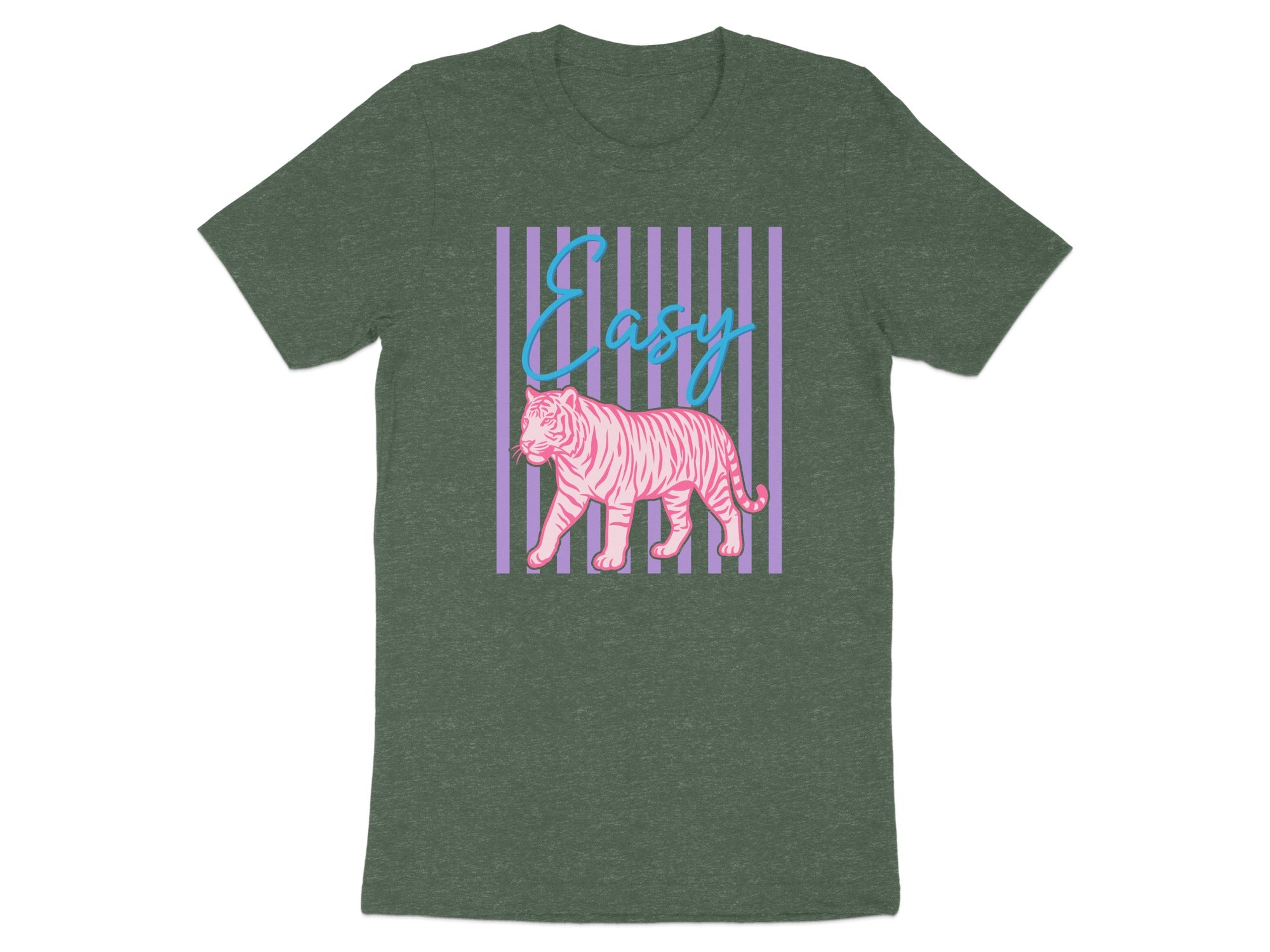 Pink tiger graphic with "Easy" text over purple stripes on a green t-shirt.