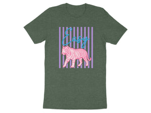 Pink tiger graphic with "Easy" text over purple stripes on a green t-shirt.