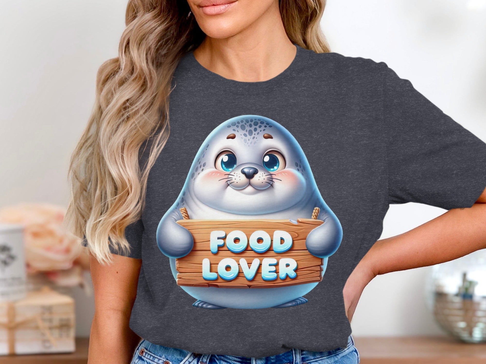 Cute seal holding a wooden sign that says "Food Lover"