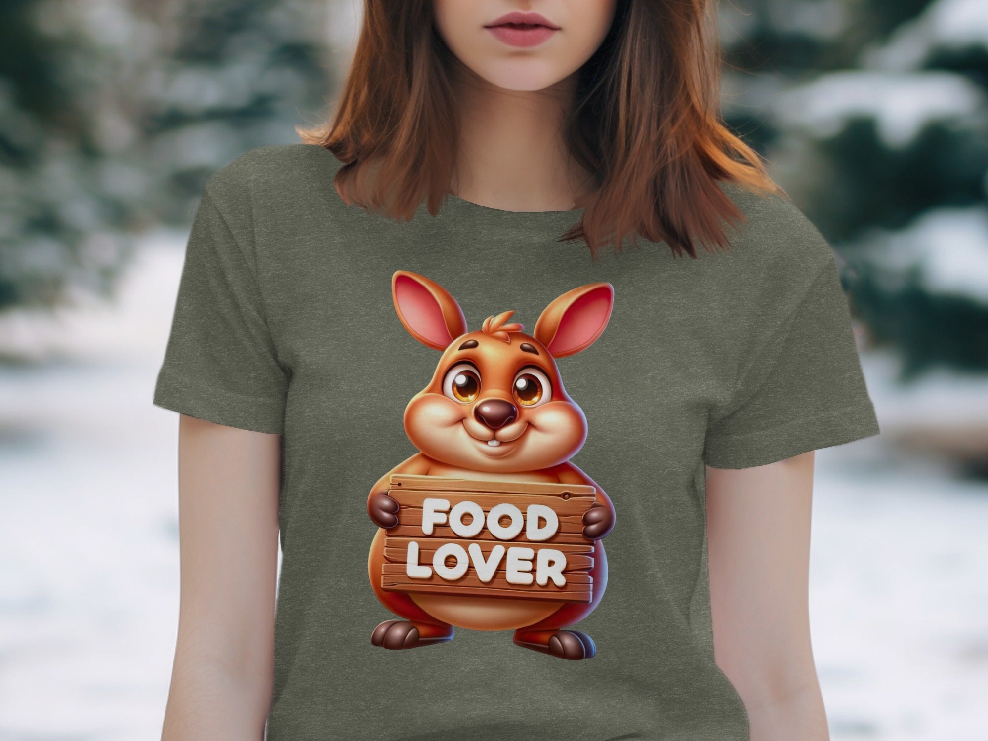 Cartoon animal holding a wooden sign that says "FOOD LOVER".