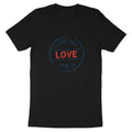 Black t-shirt with a circular graphic that says "I Love You Love Feb 14".