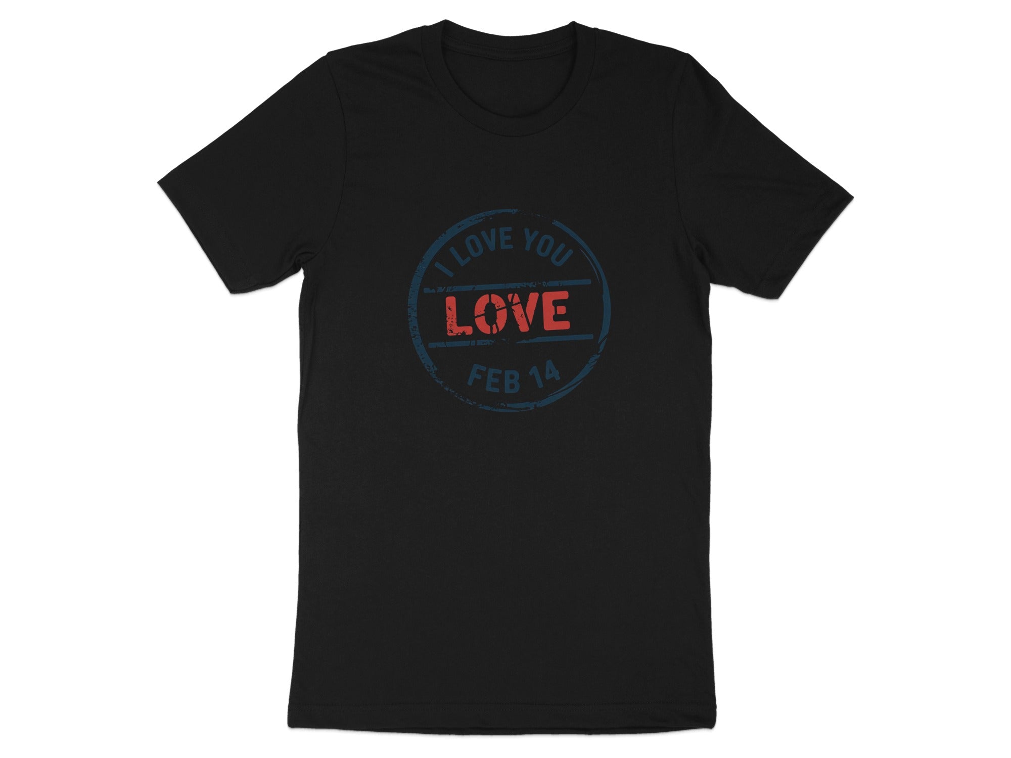 Black t-shirt with a circular graphic that says "I Love You Love Feb 14".