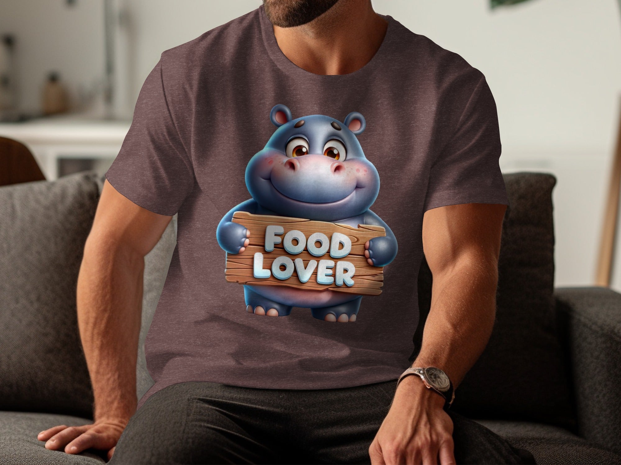 Cartoon hippo wearing a shirt with "FOOD LOVER" text on wooden sign.