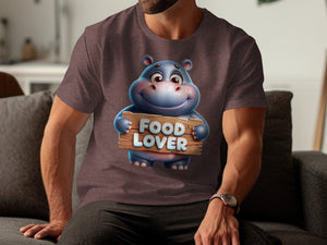 Cartoon hippo wearing a shirt with "FOOD LOVER" text on wooden sign.