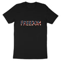Black t-shirt with the word "FREEDOM" printed in American flag pattern.