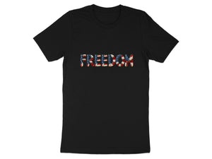 Black t-shirt with the word "FREEDOM" printed in American flag pattern.