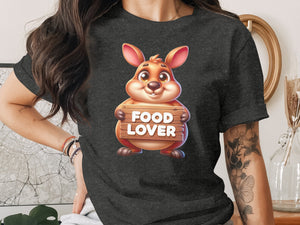 Cartoon kangaroo holding a wooden sign that says FOOD LOVER.