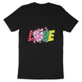 Black t-shirt with colorful "LOVE" text and a patterned heart.