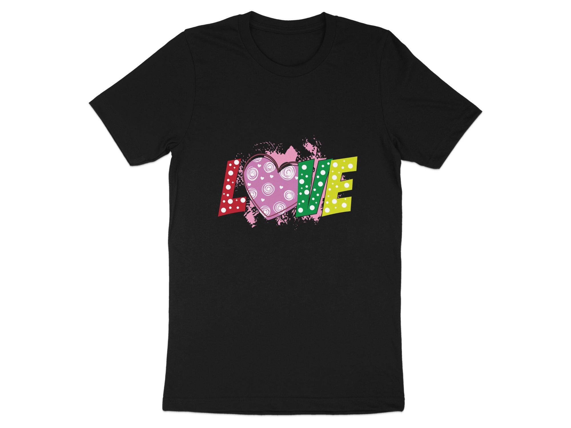 Black t-shirt with colorful "LOVE" text and a patterned heart.